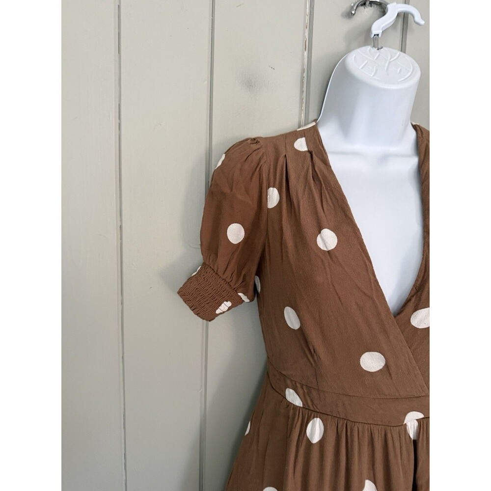 Anthropologie Maeve Dress 00 Bernice Cocoa Brown Polka Dot S/S Faux Wrap Midi - Picture 3 of 9